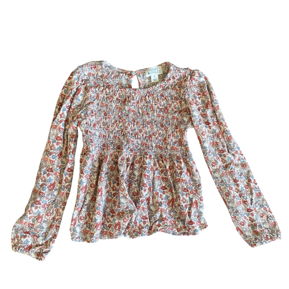 Market Spruce Kids Floral Smocked Peplum Long Sleeve Blouse Red Blue Size S 6-7